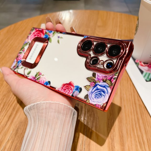 Electroplated Case for Samsung Galaxy S23 Ultra, Floral Flower Pattern Magnetic MagSafe Cover, Compatible with Wireless Charging, Logo Hollow TPU Shockproof Lens Protector Case,Red