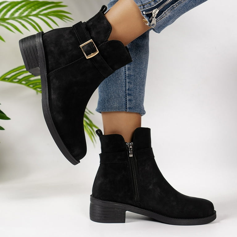 Black Ankle Boots Women Ladies Casual Heel Solid Belt Buckle Short - Main Image