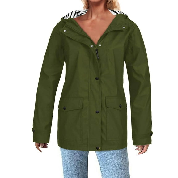 Womens And Mens Comfortable Waterproof Rain Jacket Solid Color Hooded Windproof No Fleece Lined Fall And Winter Army Green Windbreaker for Outdoor L
