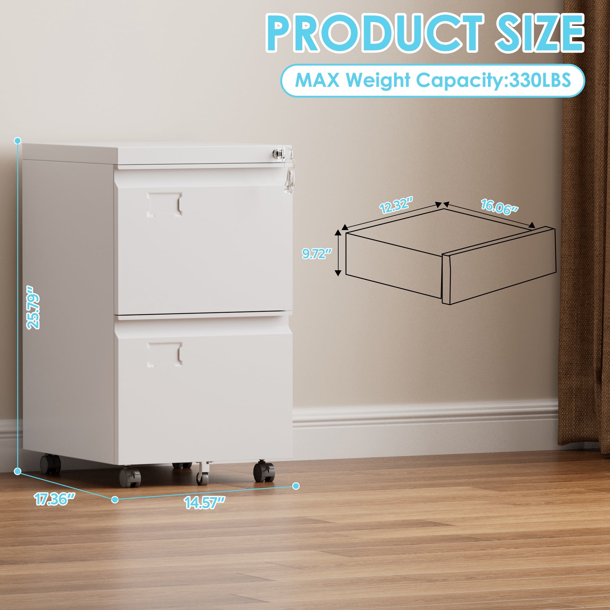 HUAXRON 2 Drawer Black Mobile File Cabinet with Lock, Under Desk Metal Movable Filing Cabinet, Lateral Storage Cabinet for Home Office, Assembly Required (White)