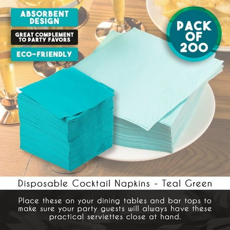 Cocktail Napkins - 200-Pack Disposable Paper Napkins, 2-Ply, Teal Green ...