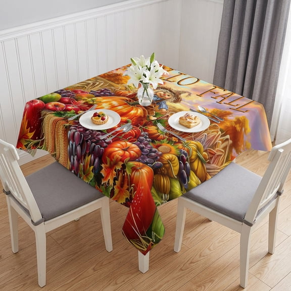 Fall Scarecrows Table Cloth Waterproof Tablecloths, Autumn Thanksgiving Farm Pumpkins Fruit Tablecloth Dining Table Cover for Kitchen Party Tabletop Outdoor, Square Tablecloth 60x60 Inch