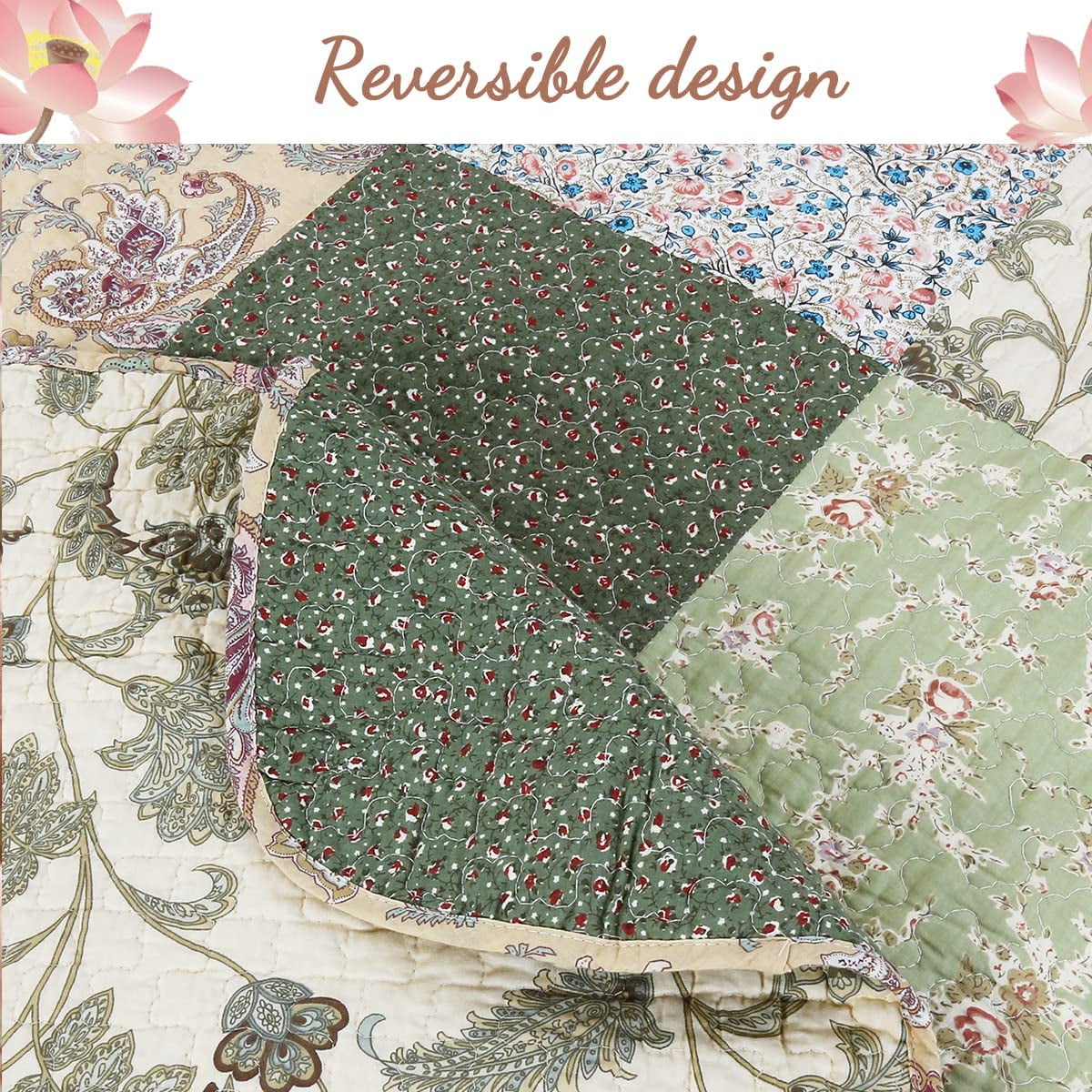 Cozy Line Country Cottage Floral Dark Green Scalloped Edge Real Patchwork 100% Cotton 3-Piece Reversible Quilt Set, Queen