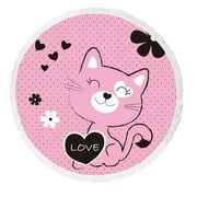 ABPHQTO Cute Cat Polka Dots Round Beach Blanket with Tassels Beach Throw Towel Yoga Mat Picnic Blanket