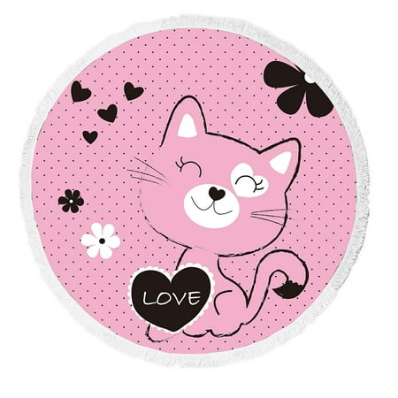 ABPHQTO Cute Cat Polka Dots Round Beach Blanket with Tassels Beach Throw Towel Yoga Mat Picnic Blanket