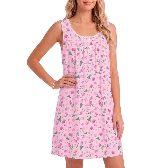 DAKIMOE Cotton Nightgowns for Women Seeveless Tank Night Gowns Lace Button Soft Print Sleep ShirtsSleep Dress House Dress with Pockets S-3XL, Floral Pink