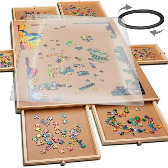 PLAYVIBE Rotating Jigsaw Puzzle Board with Drawers 1500 Piece - Puzzle Table with Cover, 6 Drawers, 27" x 35" - Wooden Puzzle Organizer - Puzzle Accessories