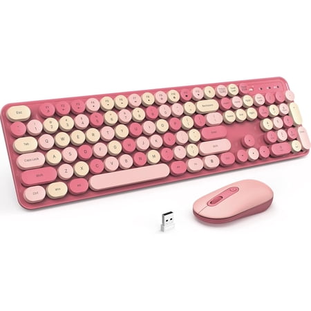 Chumajor Wireless Keyboard and Mouse Silent Keyboard Mouse Combo Full-Sized Colorful Typewriter Keyboard with Round Keycaps 2.4G Cute Mouse Compatible with PC/Laptop/Computer(Rose Pink)