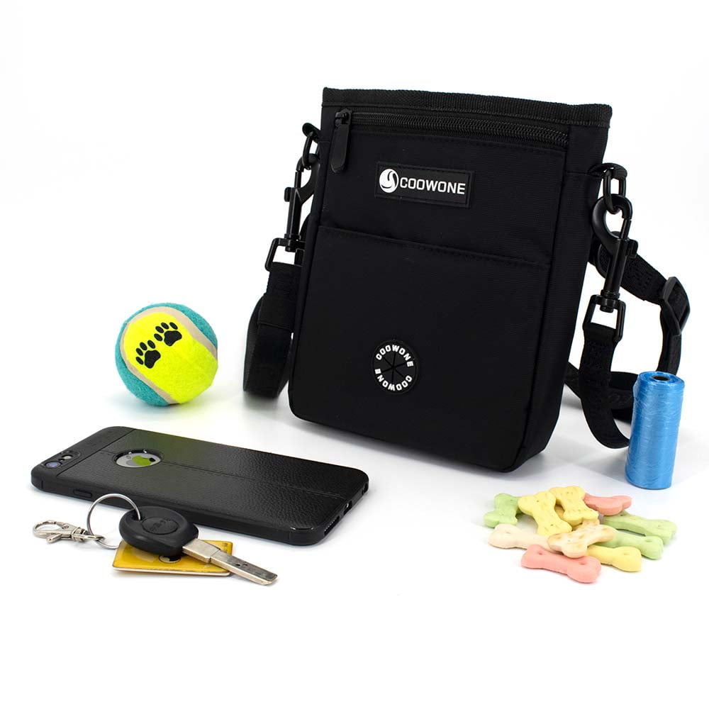 Dog Treat Pouch Pet Training Cross Body Bag, Magnetic Closure Dog Walking Fanny Pack Built-in Poop Bag Dispenser, Adjustable Shoulder Strap (Dog Leash) and Waist Belt (Dog Collar)