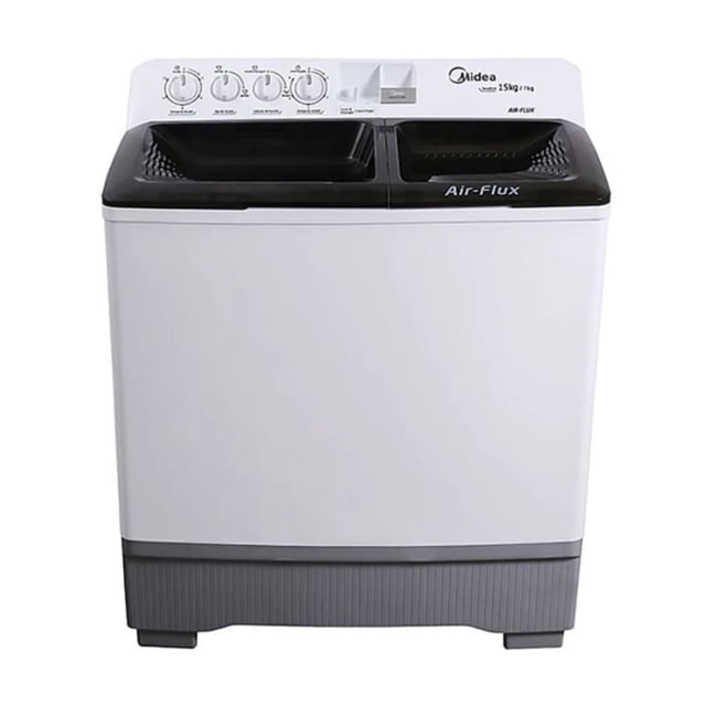 lavadora semiautomatica midea doble tina 15kg blanca triple función air flux mtg01w15w frontal centrada con dos tinas superiores negras y panel superior con cuatro perillas; cuerpo blanco, base gris y texto Air-Flux visible; incluye sistema de centrifugado Air-Flux, tinas de gran capacidad y motores independientes; a menudo se usa para enjuagues rápidos en viajes cortos.