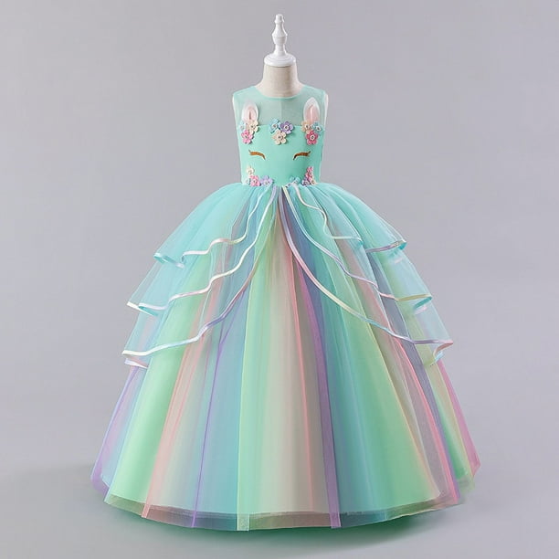 Vestido de princesa de hilo abullonado con malla de unicornio y arcoíris para niñas de estilo europeo y americano