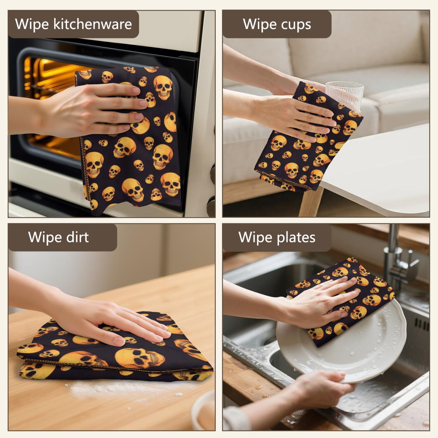 6 Pcs Funny Kitchen Towels,Black Orange Skull Pattern Microfiber Dish Towels,Kitchen Tea Towels,Kitchen Towel Set (18" X 26")