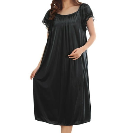 Hontri Lingerie for Women  Women Summer Home Lace Ice Silk Short Sleeve Loose Plus Oversize Nightgown Dress Black One Size Under $10