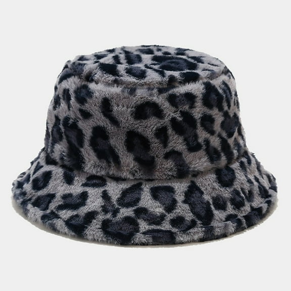 HAOTAGS Fuzzy Bucket Hat for Women Furry Fur Bucket Hat Leopard Print Warm Hats Cute Soft Faux Fur Fisherman Cap Gray Size M