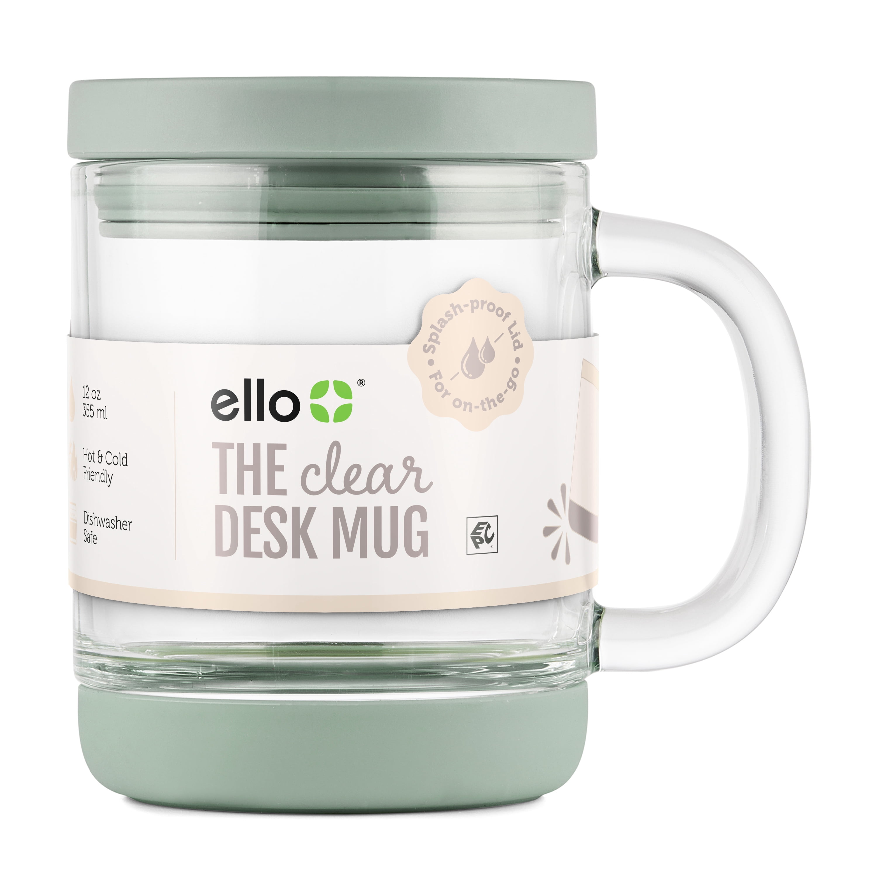 Ello Nova Shine 12oz Glass Mug with Lid | Built-In Handle, Silicone Boot, BPA Free, Dishwasher Safe | Hot and Cold Coffee Tea Mug | Sage