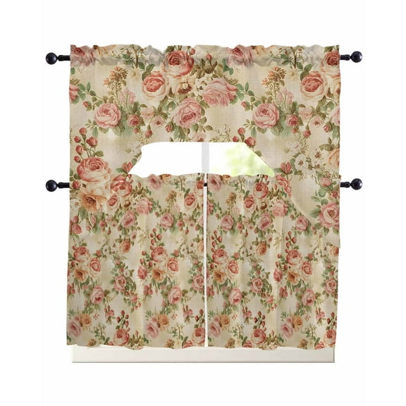 Rose Kitchen Curtains Sets 24 Inch Length with Valance, Vintage Pastoral Farmhouse Botanical Flowers Swag Valances and Tiers Curtain Set Drapes Swag Curtains for Living Room, Bathroom, Bedroom, Cafe