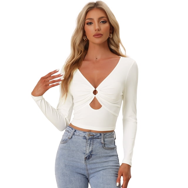 Blusa Corta Sexy Allegra K de Mangas Largas con cuello En V y Anillo Calado blanco XS