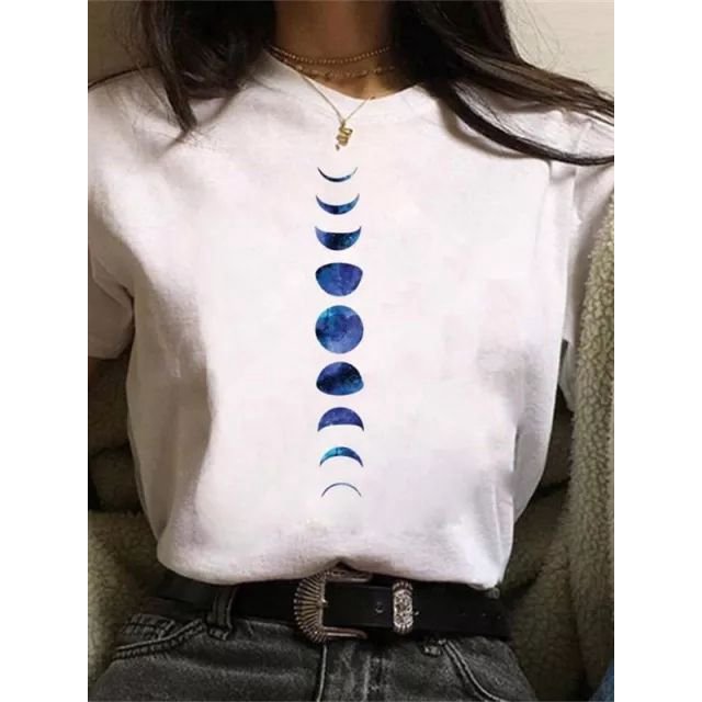 Maycaur, nueva y divertida camiseta con estampado de luna, camisas blancas y negras para mujer, camiseta de manga corta con cuello redondo a la moda, camisetas de verano, camiseta informal Tan Jianjun unisex