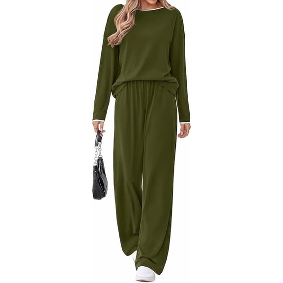 FreshPretty 2 Piece Matching Lounge Sets for Women Fall Outfits,Airport Travel Outfit,Postpartum Going Home,Cute Comfy Loungewear,Boat Neck Long Sleeve Top,Wide Leg Pants,Winter Clothes