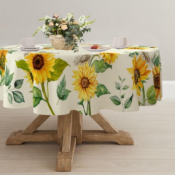 Round Sunflower Tablecloth 60x60 inch, Waterproof Wrinkle Resistant Durable Polyester Table Cover Spring Summer Watercolor Floral Tablecloth for Indoor and Outdoor, Holiday Kitchen Dining and Parties