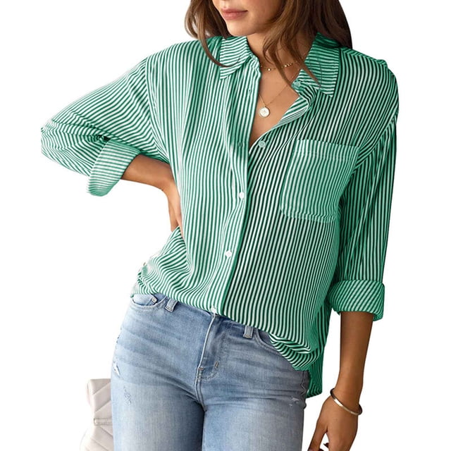 Camisa a rayas para mujer con botón, manga larga, cuello de solapa, blusa tipo cárdigan informal para otoño, verde S