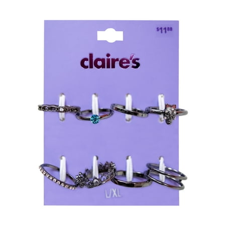 Claire's Girls Stacking Rings Set, Hematite Metal, Ring Size 8/9, Cubic Zirconia Gemstone, 8 Pack