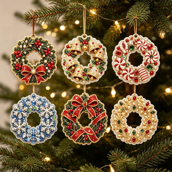 6 Pcs DIY Christmas Tree Pearl Diamond Art Hanging Ornaments Kit, Versatile Holiday Decor Craft, Suitable for Christmas Tree, Mantel and Window Display