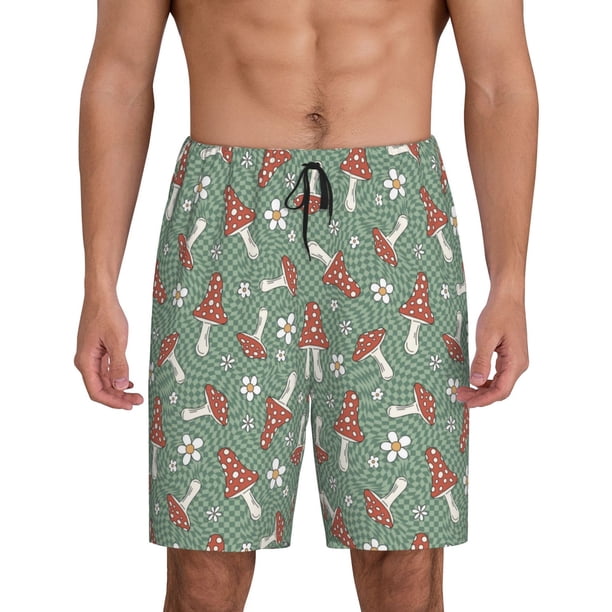 Balery Retro Hippie Groovy Mushroom Pantalones cortos de pijama de punto de algodón para hombre con cinturilla y bolsillos-Medium