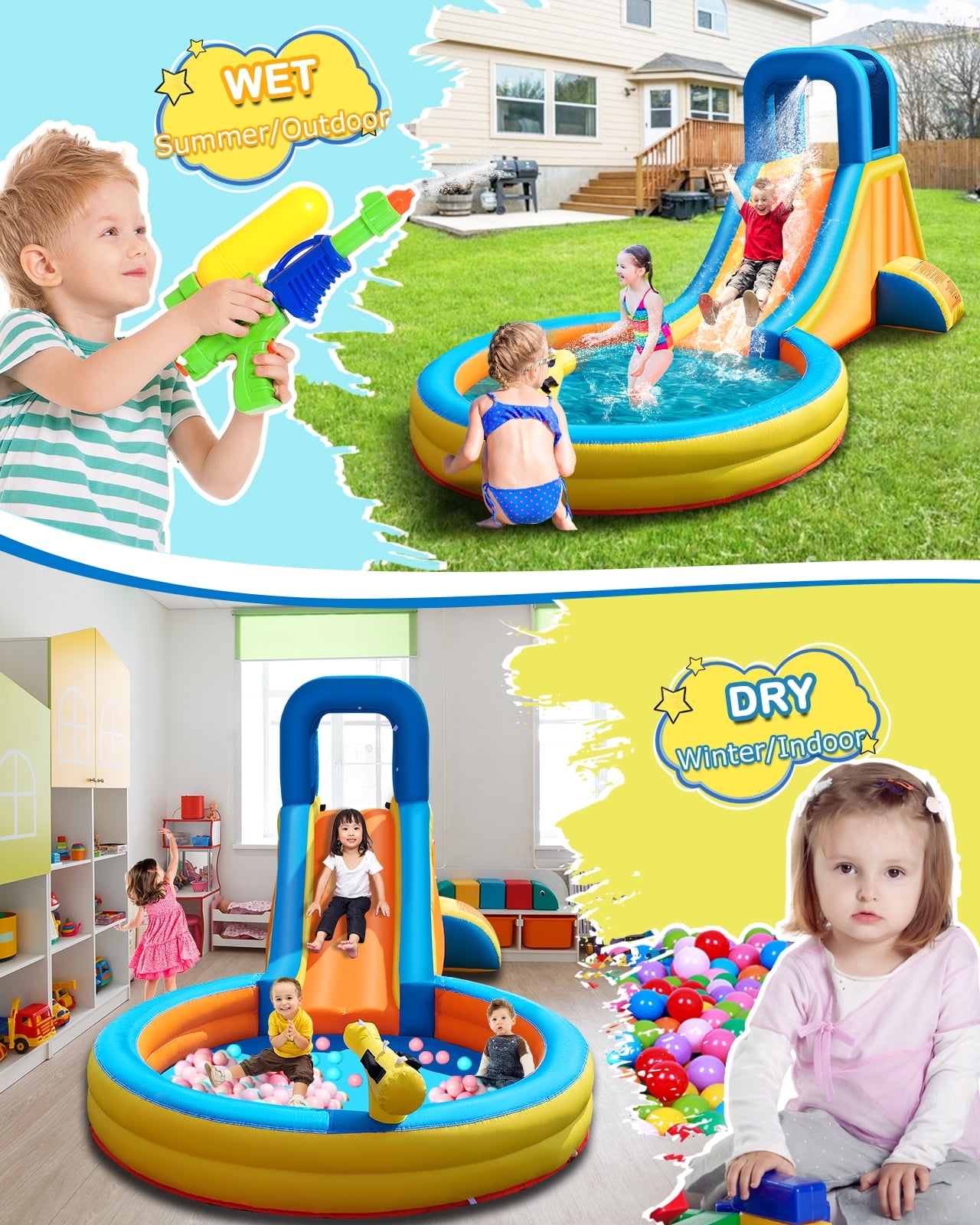 COCOFISH 5-in-1 Kids Water Slide Bounce House for Indoor/Outdoor, with Slide, Climbing Wall, Splash Pool, Water Cannon & Blower
