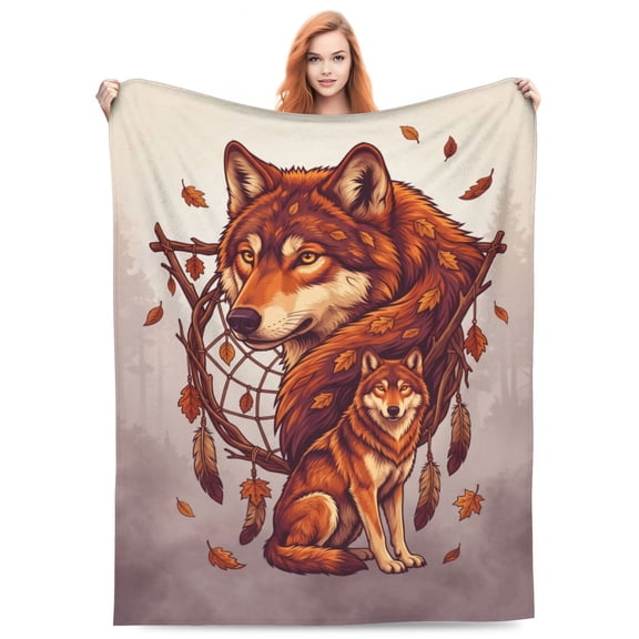 Wolf Blanket Gifts For Adults, Wolf And Pup Dreamcatcher Throw For Home Bed Couch, Nature Lover Gifts, Thanksgiving Birthday Christmas Flannel Blanket 50x40