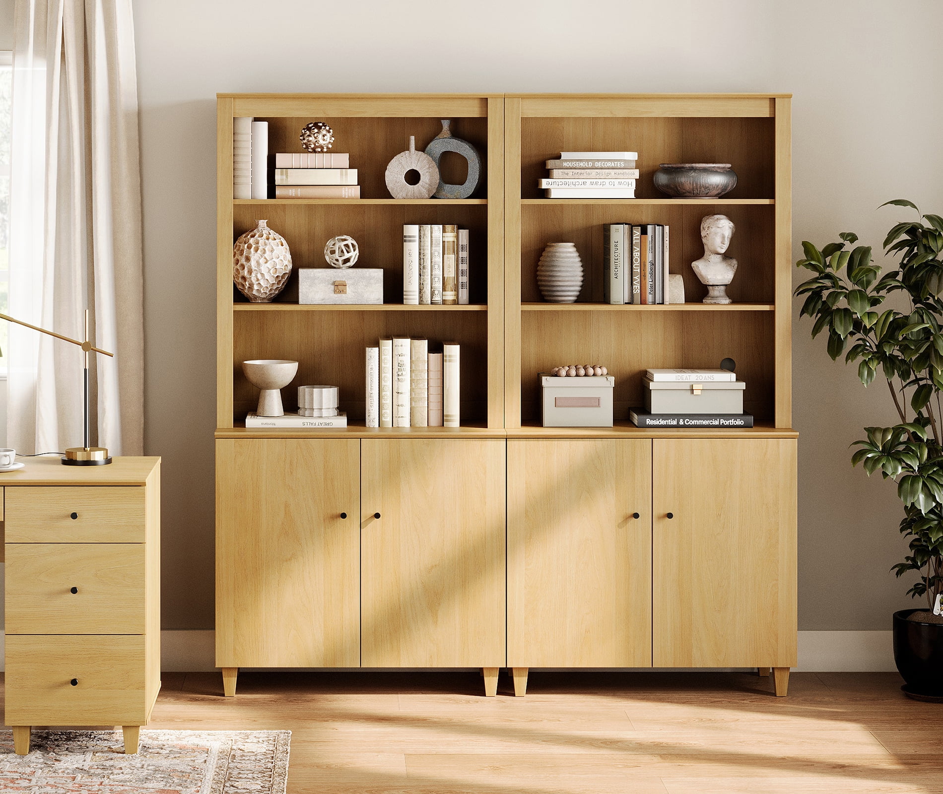 Modern 71" Tall Bookcase with Cabinets, 2 Column 5 Tiers for Home Office,Oak Wood