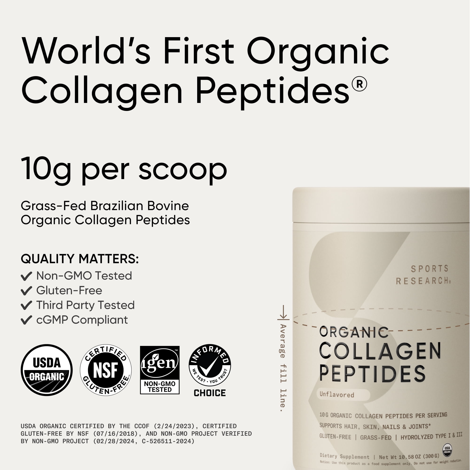 Sports Research Collagen Peptides Powder for Skin, Nails and Joints, Unflavored, 8oz, 23 Servings