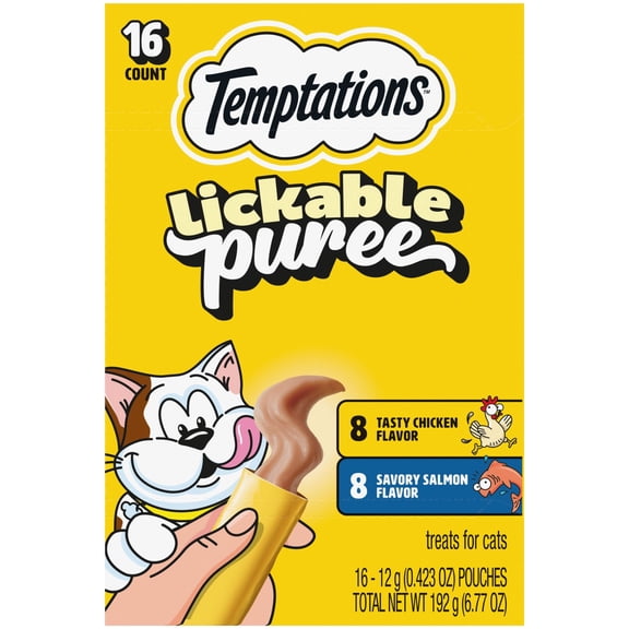 Temptations Creamy Puree Salmon and Chicken Flavor Crunchy Treats for Cats, 6.7 oz Pouches (16 Pack)