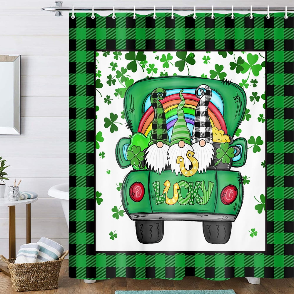 St. Patrick's Day Gnome Shower Curtain - Funny Irish Theme Bathroom Decor With Hooks, 69x72 Inches