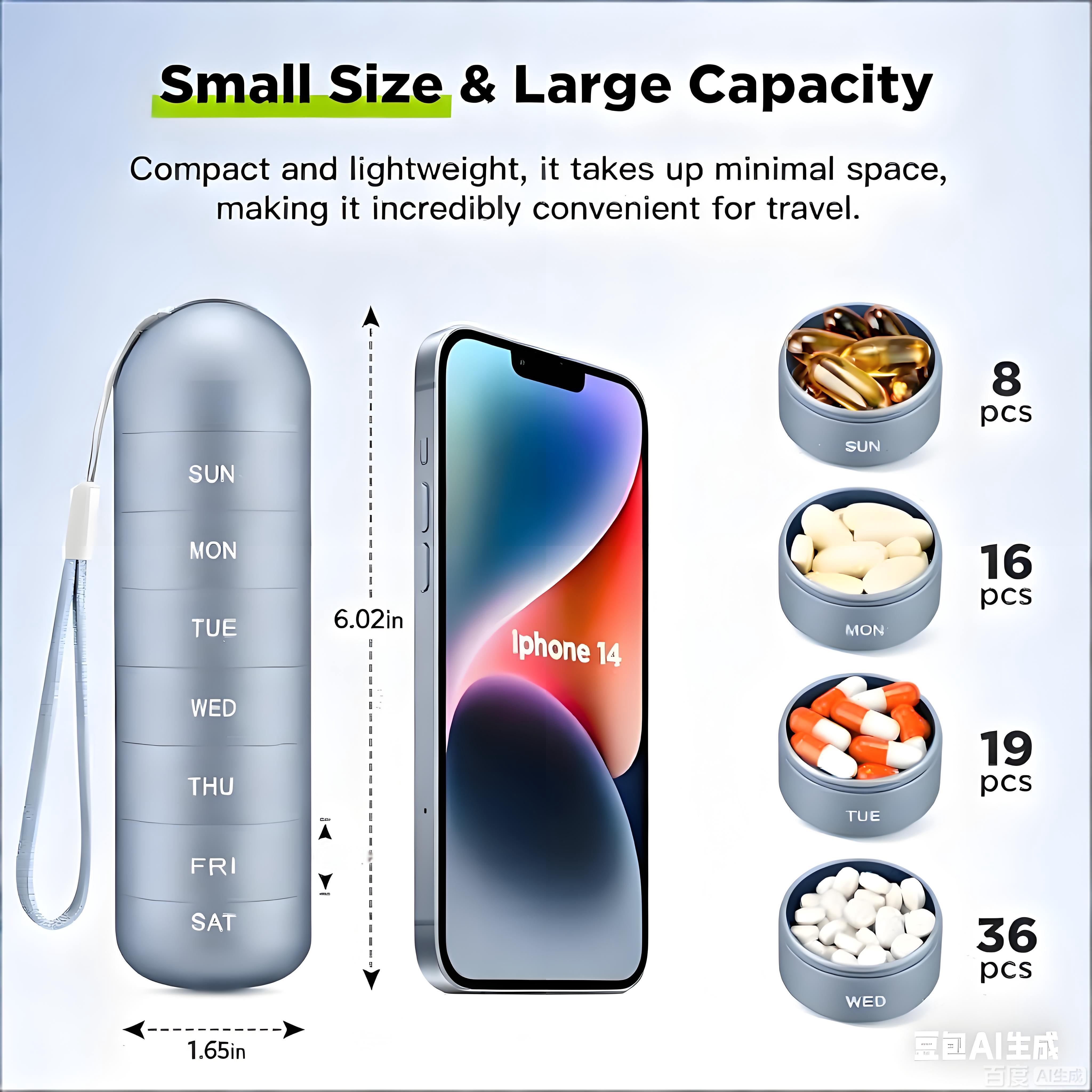 Metal Travel Pill Organizer, Portable Waterproof Weekly Pill Box, Large Aluminum Alloy Pill Case Container, 7 Day Daily Medicine Organizer Holder for Vitamin, Supplement