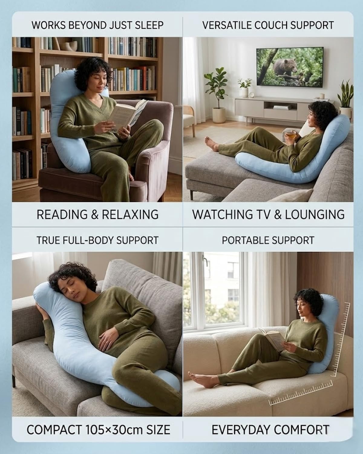 Pea Pod Body Pillow for Adults, Ergonomic Curve Cooling Pillow for Side Sleepers, Keeps Hips, Knees and Spine Aligned, Memory Foam Full Body Support Long Pillow with Washable Cover