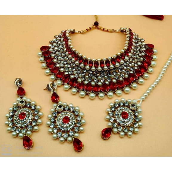 Bridal Red Kundan Choker Necklace Set with Earrings, Maang Tikka & Passa – Pearl & Stone Indian Wedding Jewelry