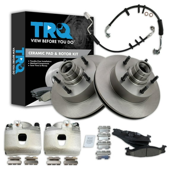TRQ Front Brake Pad & Rotor Kit Brake Caliper Brake Hose Brake Pads Brake Rotor Ceramic Fits Select 2003 Ford E-150 E-150 Club Wagon 2000-2002 E-150 Econoline 1994-2002 E-150 Econoline Club Wagon
