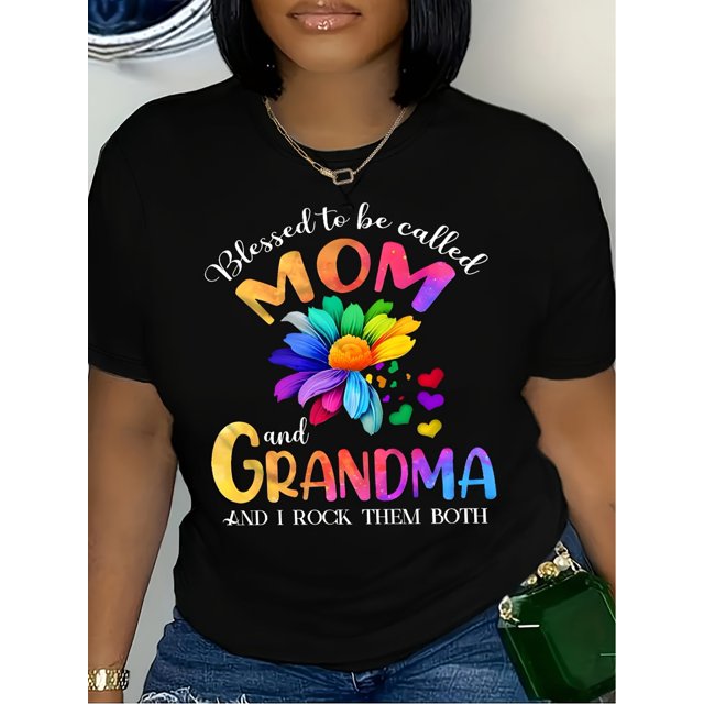 Blessed to be Called Mom and Grandma" Graphic Tee - Casual Crew Neck, Short Sleeve, Plus Size T-Shirt with Colorful Floral & Heart Print, Polyester, All-Season Wear, Casual Wear Tee | Floral Print To