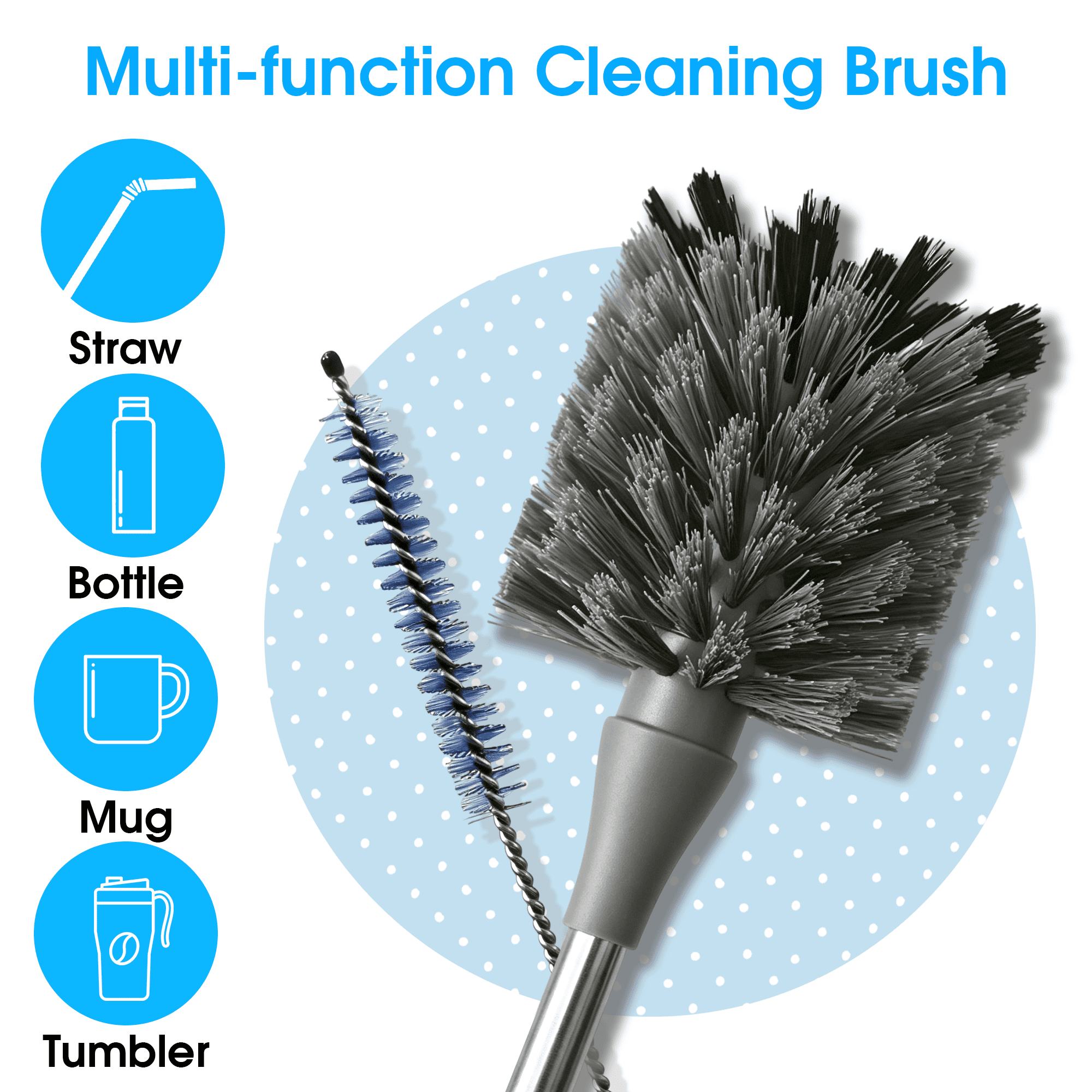 Bottle Brush Set, 3-in-1 Long Handle Bottle Cleaning Brush Set, Straw Cleaner Brush, Tumbler Brush, Cup Cleaning Brush for Water Bottles, Tumblers and Straws