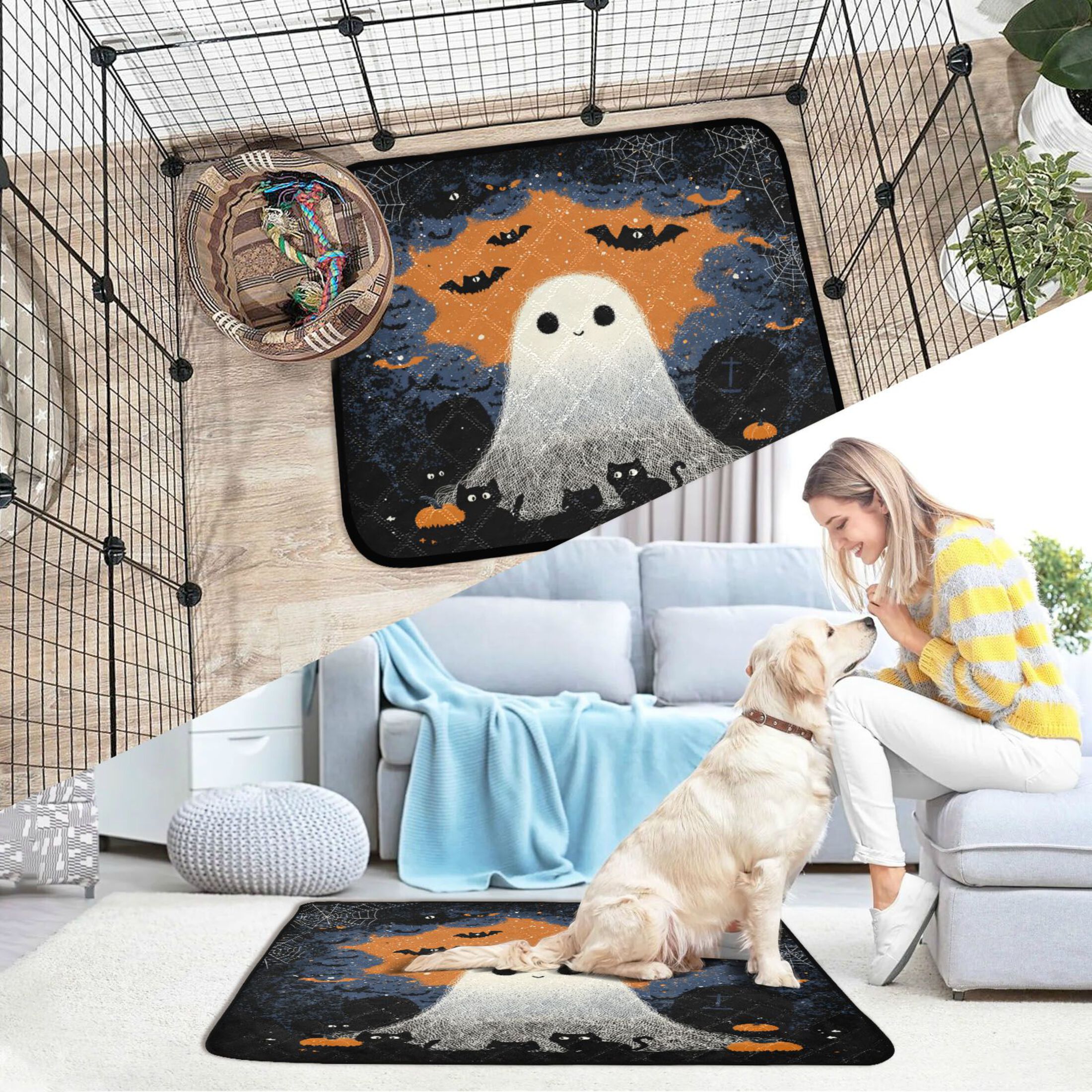 Qxltty Cute Little Ghost Cat litter Pads Pet Set of 2 Diaper Mats Center Anti-leakage Layer Absorbent Soft and Comfortable