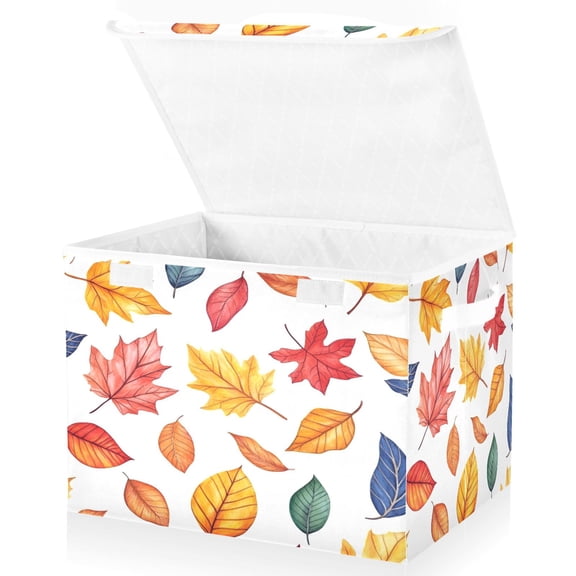 Yayeee Collapsible Cube Storage Bin with Lid Fabric Closet Decorative Basket with Handles, Blue Leaves