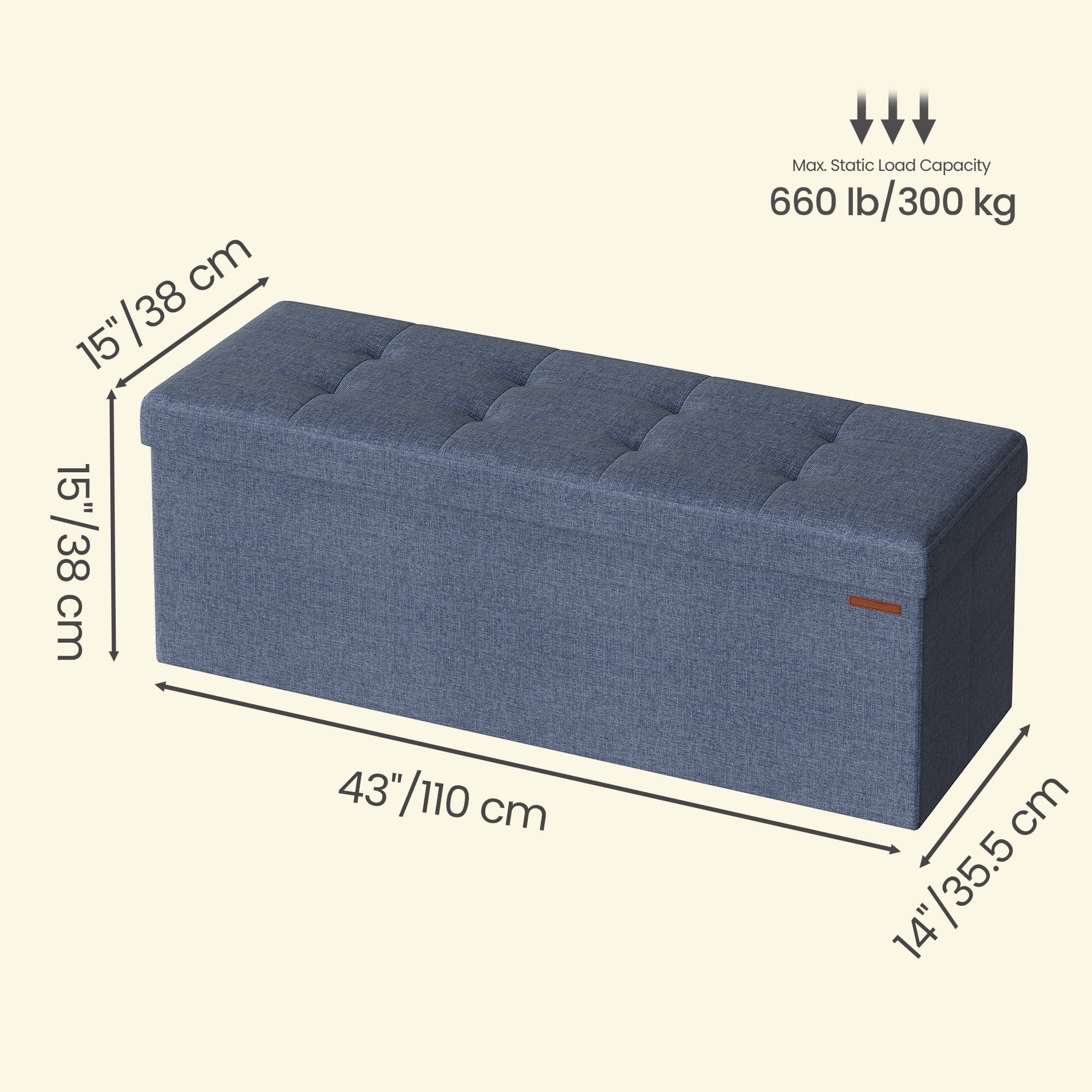 Ledrem Misty Blue Foldable Storage Ottoman Bench with Footrest, 660lb Capacity