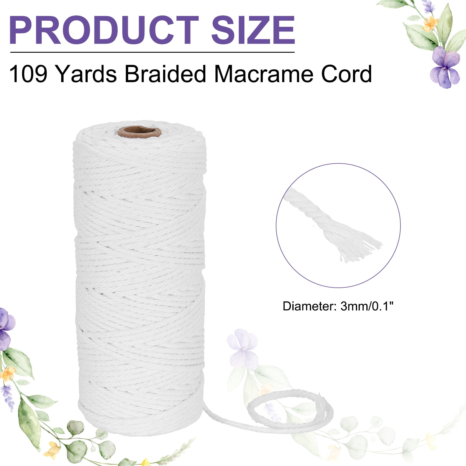 Braided Macrame Cord, 3mm x 109 Yards Natural Cotton Rope Macrame Yarn Bohemia Craft String with Scissors(White)