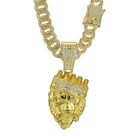 Crown Lion Hip Hop Necklace for Men Hip hop necklace for men Iced Out Lion King Crown Pendant Chain Necklace, Gold Plated Cuban Link, Chain length 23.62 inches