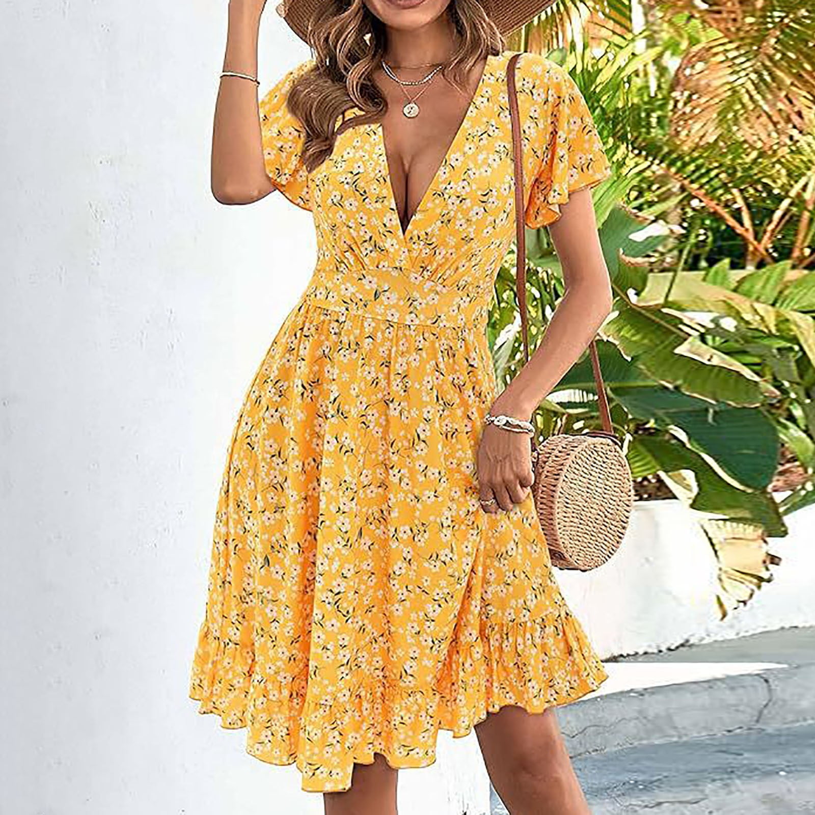 Womens Summer Dresses 2024 Floral Cap Sleeve Wrap V Neck Ruffle A Line Sun  Dress - Walmart.com
