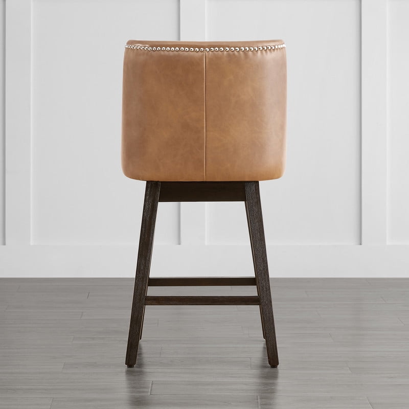 CHITA 26 inch Swivel Upholstered Counter Height Bar Stools with Full Back Set of 3,Faux Leather in Cognac Brown