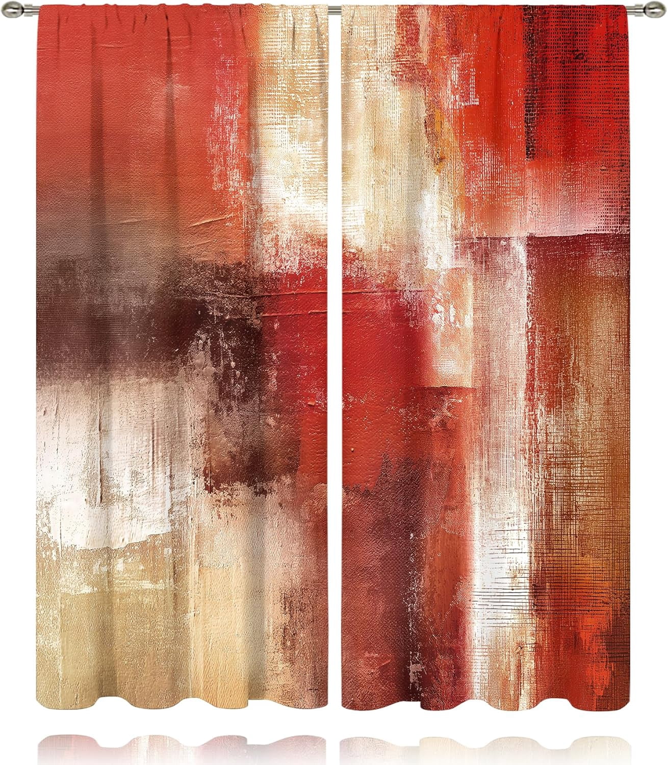 Red Curtains 52Wx84H Inch Rod Pocket Abstract Rustic Vintage Burgundy Brown Modern Oil Painting Bedroom Window Drapes Contemporary Women Art Aesthetic Printed Living Room Window Treatment