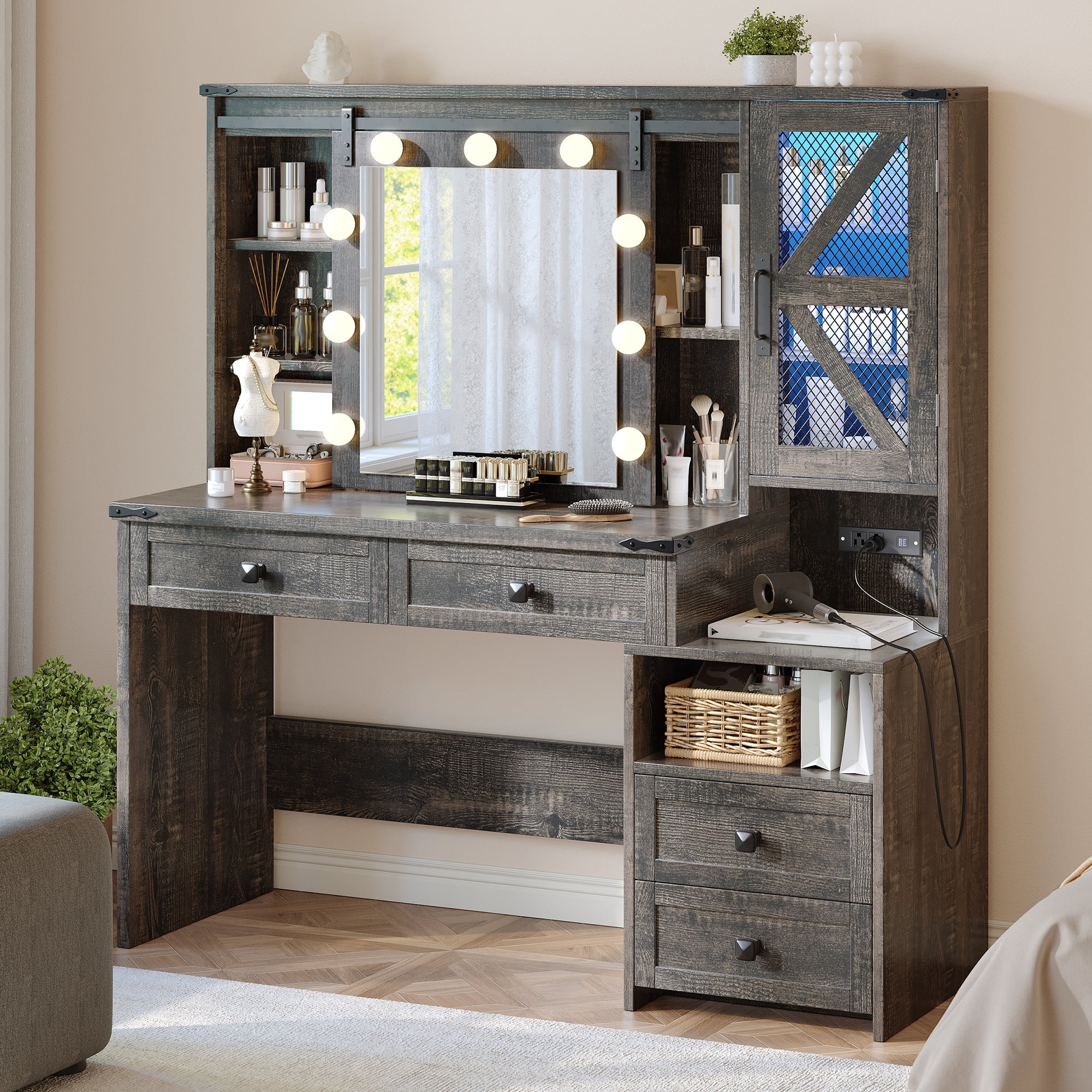 Farmhouse Makeup Vanity with Sliding Mirror & Lights Large Vanity Desk with Charge Station Dressing Table with 4 Drawers & 2 Cabinets, Dark Rustic Oak