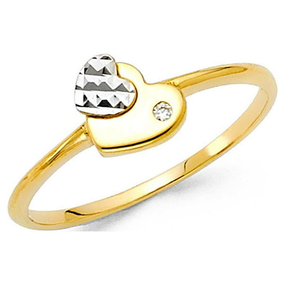Solid 14k White Yellow Gold Heart Ring CZ Promise Two Hearts Band Diamond Cut Stylish Two Tone, Size 7